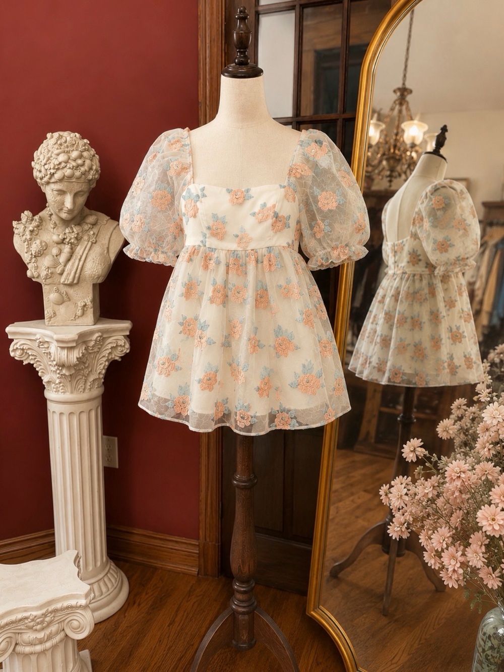 Altar'd State White Sheer Puff Sleeve Floral Babydoll Blouse